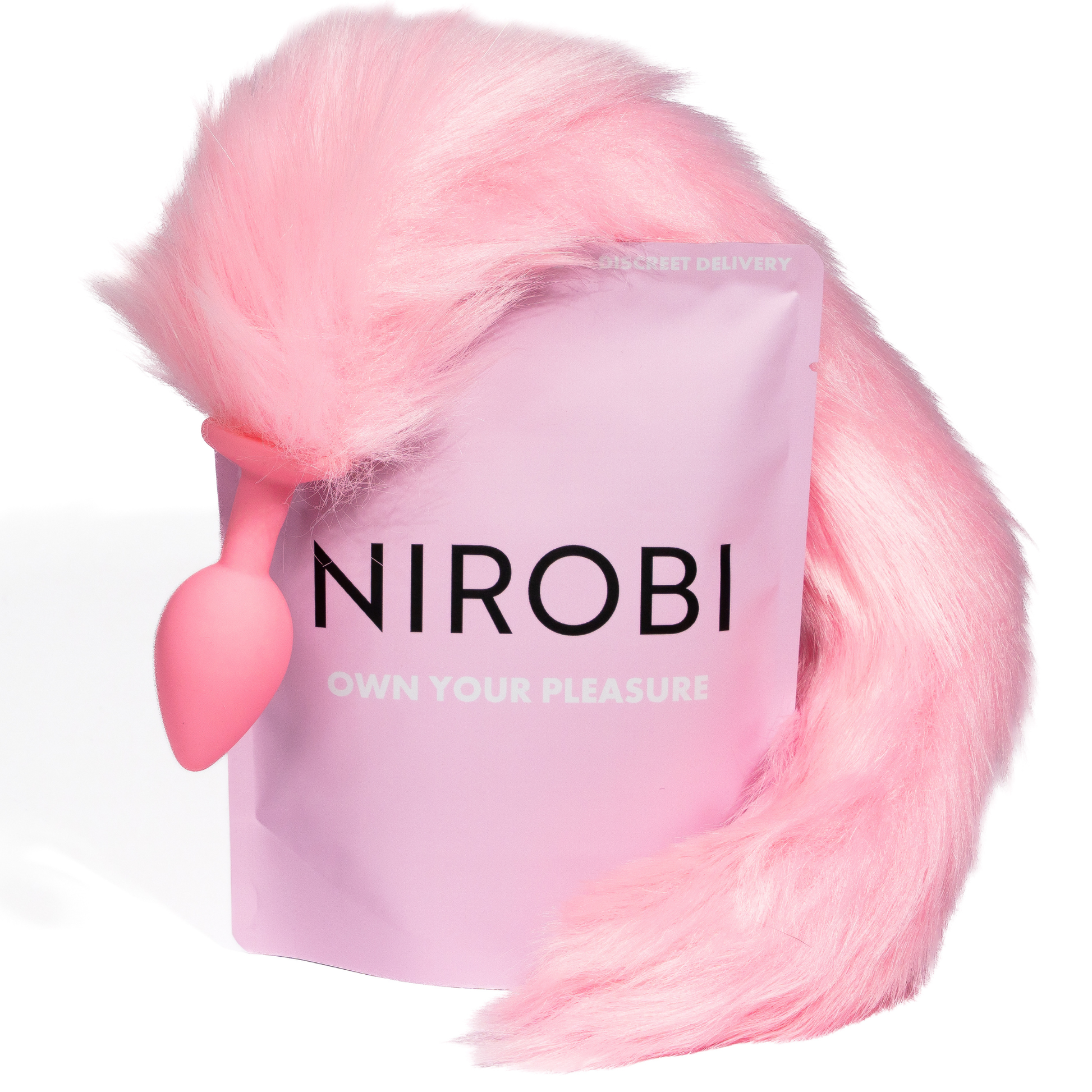 Pink fox tail butt plug made from body-safe silicone with soft faux-fur animal tail for anal play and roleplay